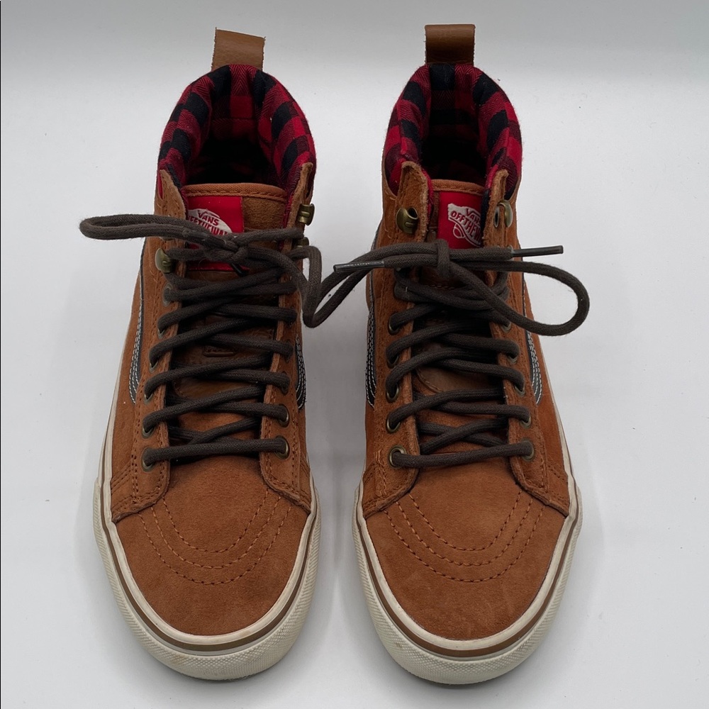 Vans Suede High-Top Sneakers Brown Mens 5.5 Women’s 7 Red Plaid Lining